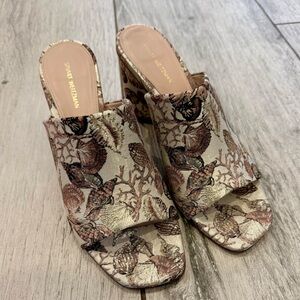 Stuart Weitzman Seashell Tapestry Block Heel Sandals